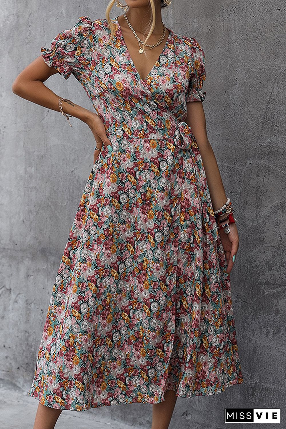 Bubble Sleeves Flowy Floral Dress