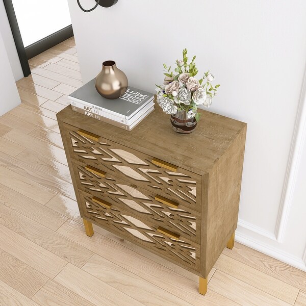 Wooden Storage Cabinet with 3 Drawers， Vintage Mirrored Cabinet in Natural - - 37857280