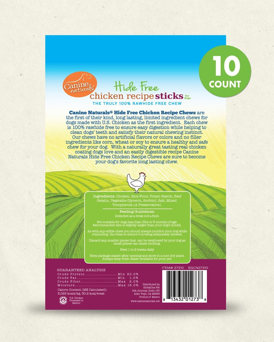 Canine Naturals Hide Free Chicken Recipe Sticks Dog Treats， 10 count