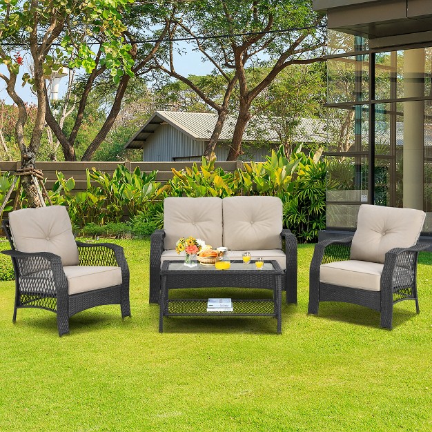 Costway 4pcs Patio Wicker Furniture Set Loveseat Sofa Coffee Table W Cushion