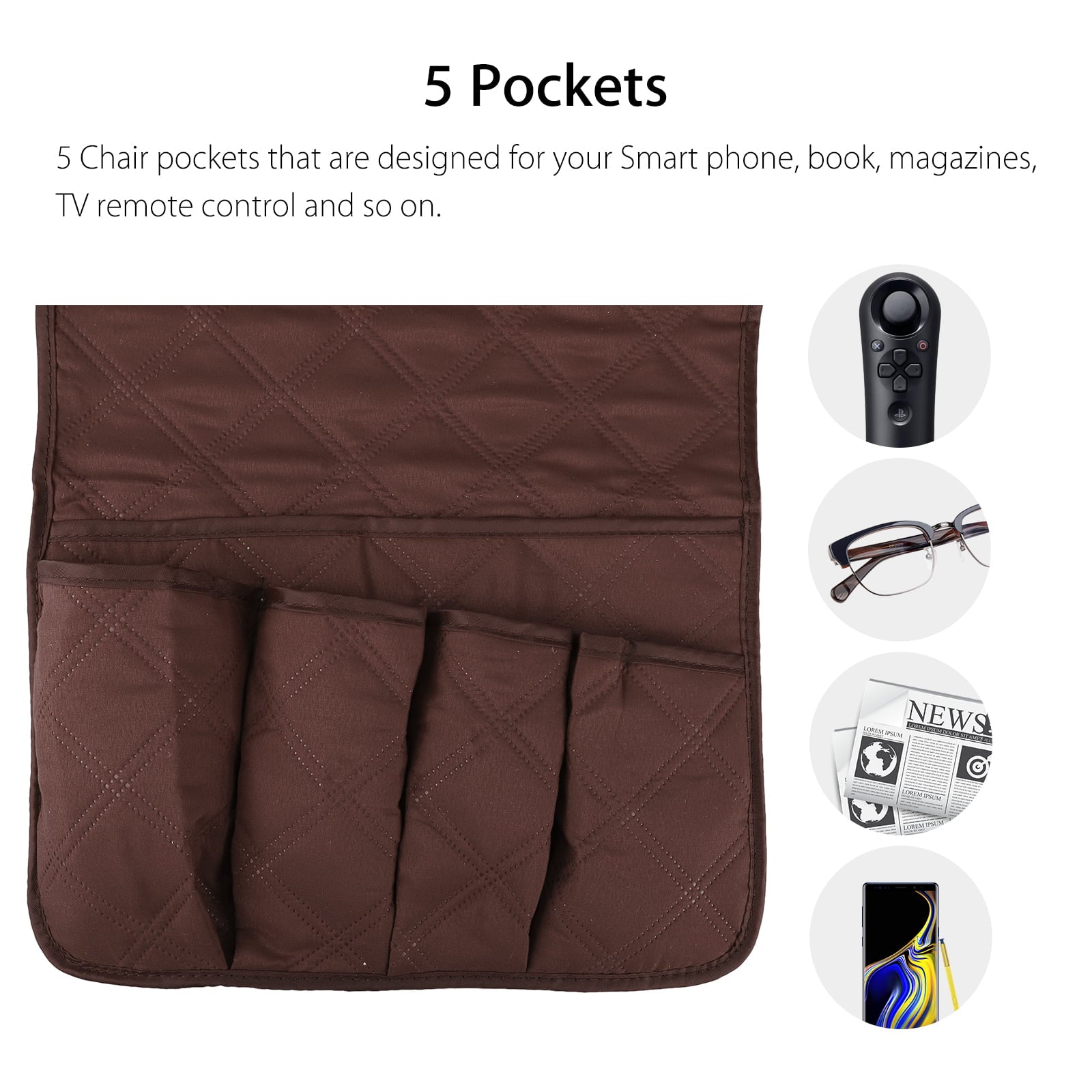 EEEkit Couch Sofa Chair Armrest Remote Control Storage Organizer Holder, Non-Slip Armchair Caddy Pocket Holder Organizer with 5 Pockets for Phone, Book, Magazines, Ipad, TV Remotes