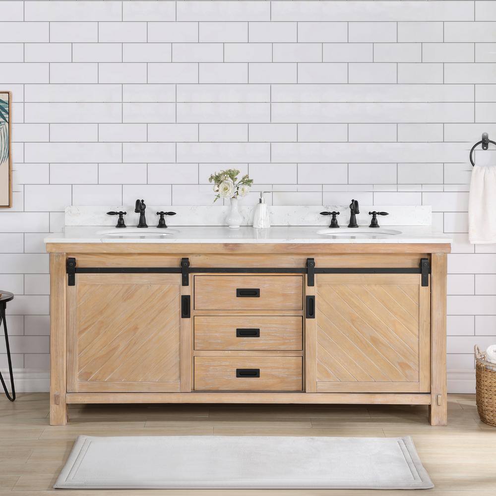 ROSWELL Cortes 72 in. W x 22 in. D x 33.9 in. H Double Sink Bath Vanity in Weathered Pine with White Composite Counter Top 801772-WP-WSN