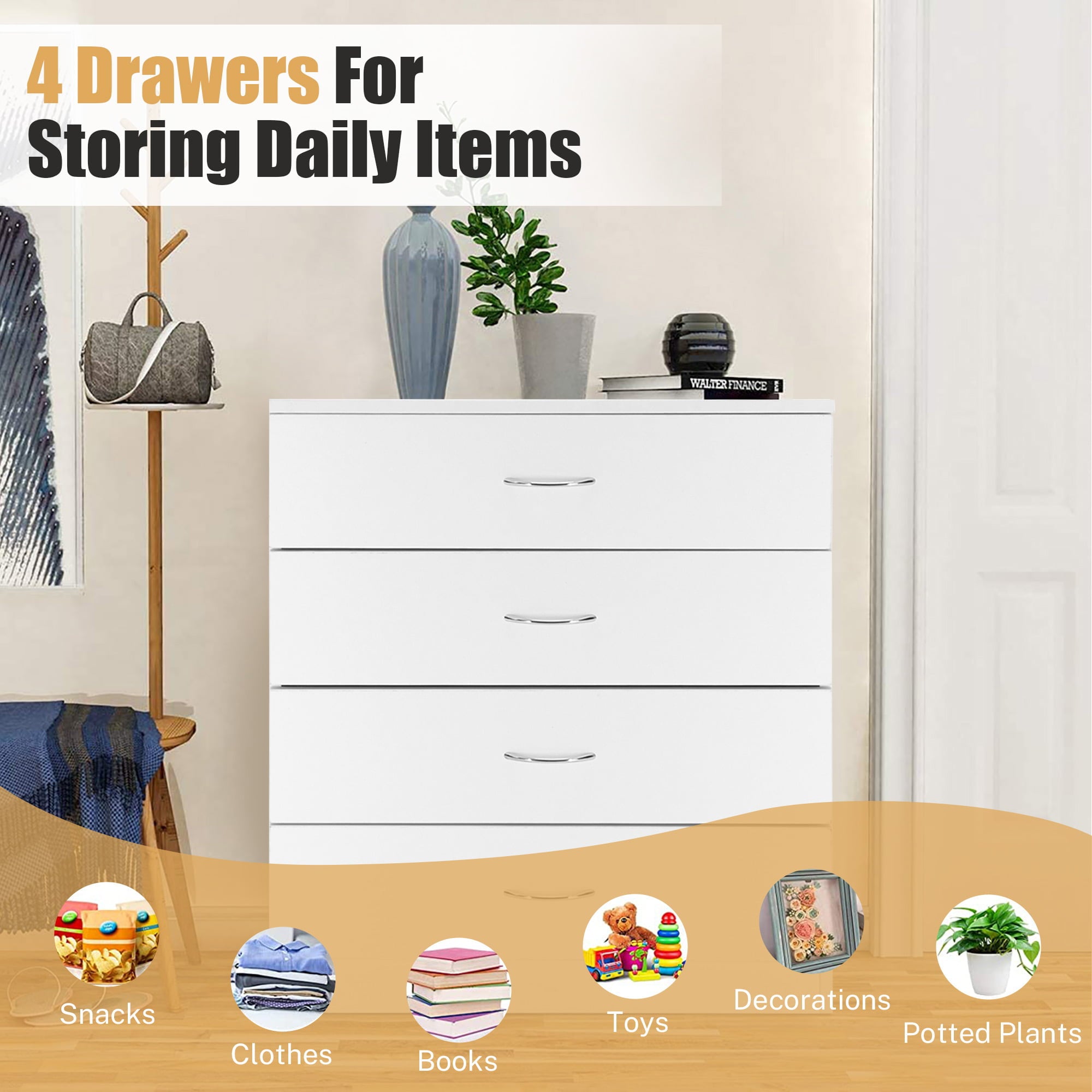 SYNGAR Modern White 4 Drawer Dresser, Small Wood Storage Cabinet with Easy Pull Handles, Dressers and Chests of Drawers, Organizer Unit for Bedroom, Living Room, Hallway, Closets, Nursery