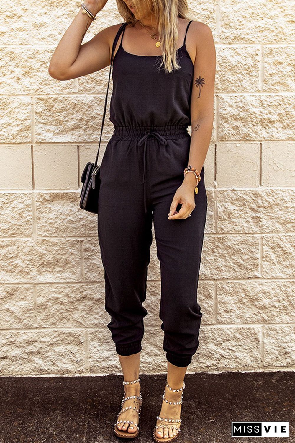 Black Drawstring Waist Spaghetti Straps Jumpsuit