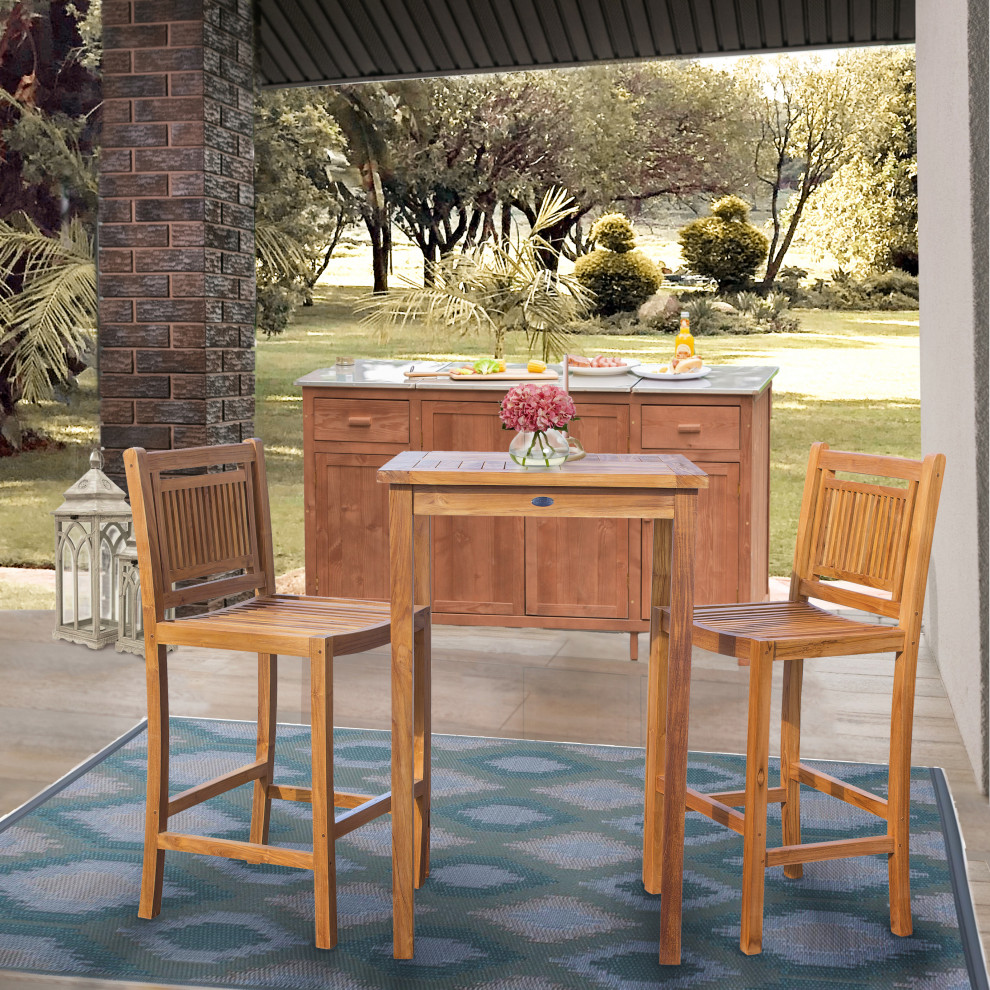 3 Piece Teak Wood Maldives Small Patio Bistro Bar Set With 27 quotSquare Bar Table   Transitional   Outdoor Pub And Bistro Sets   by Chic Teak  Houzz