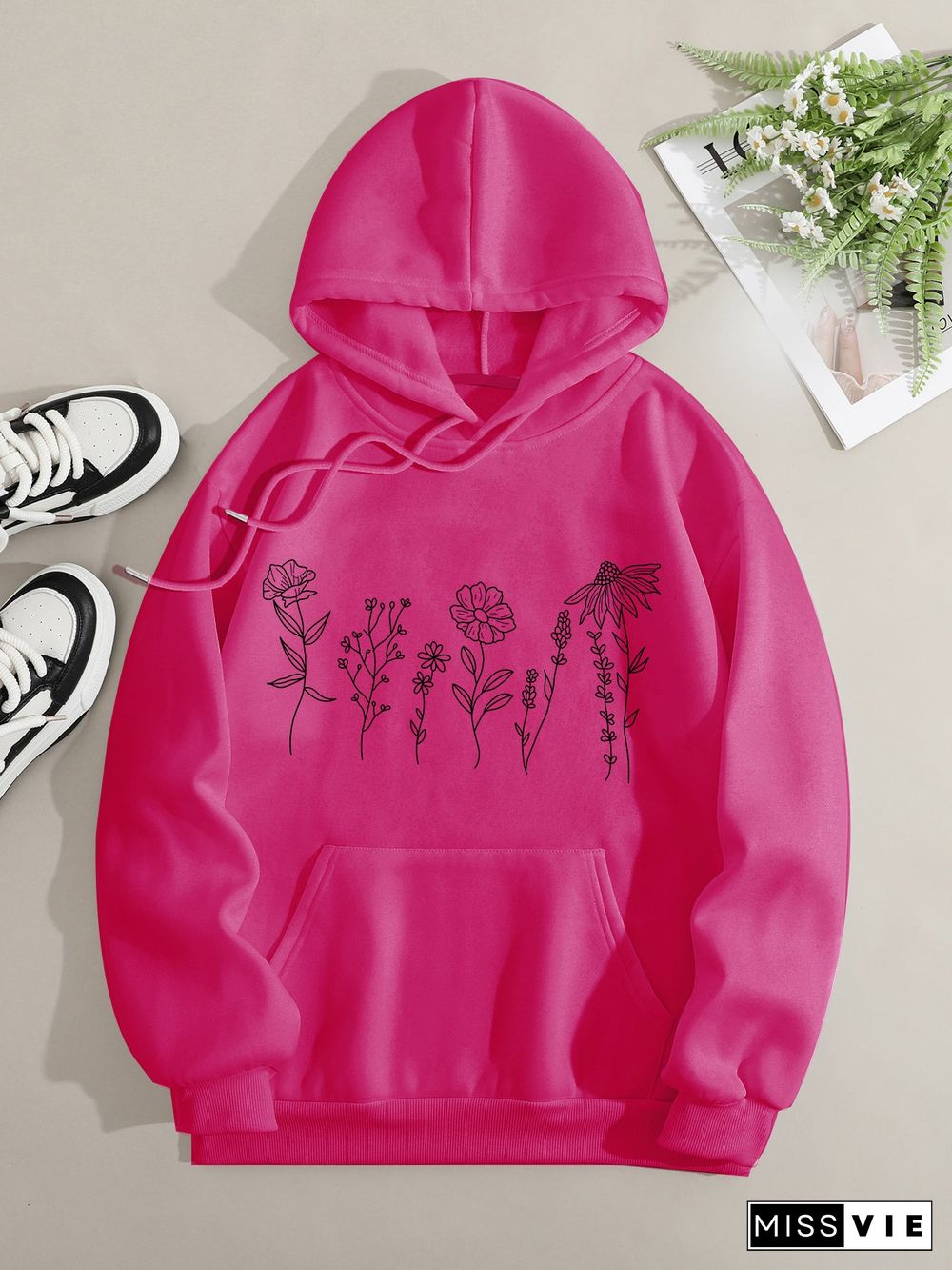 Printed on front Kangaroo Pocket Hoodie Long Sleeve for Women Pattern Flower