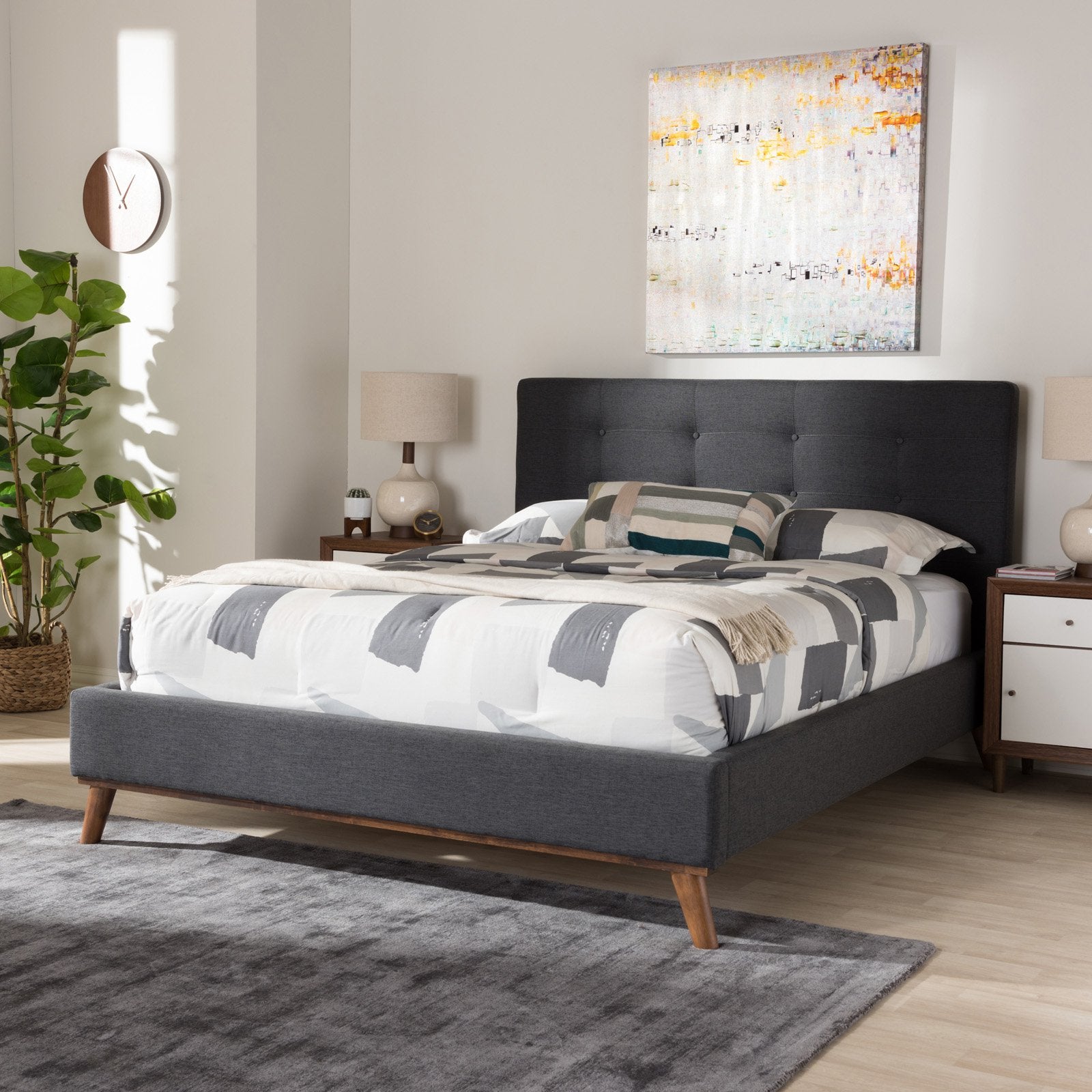 Baxton Studio Valencia Mid-Century Modern Fabric Full Size Platform Bed, Multiple Colors