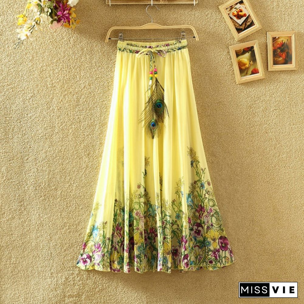 Summer Bohemian Long Skirt Chiffon Elegant Print Casual Skirts