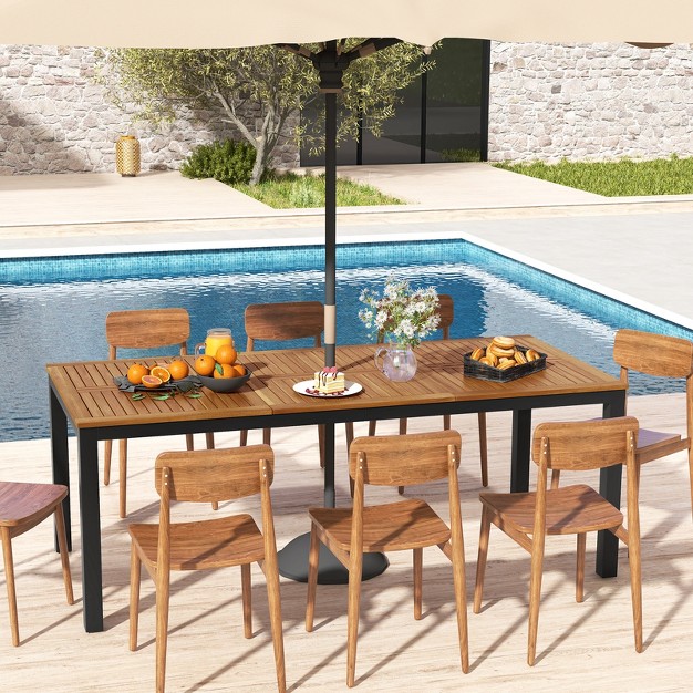 Acacia Wood Patio Table 8 person Outdoor Dining Table With Umbrella Hole