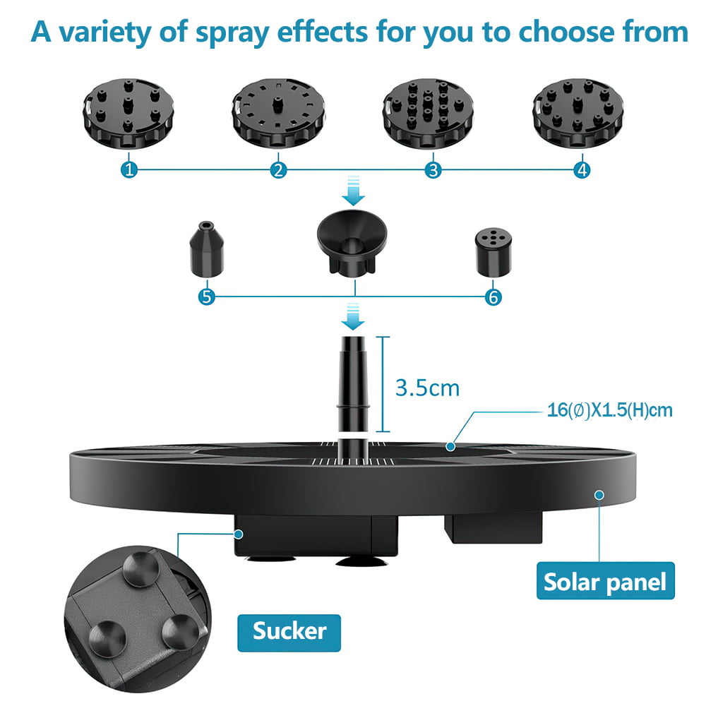 Solar Fountain Pump Free Standing Solar Birdbath Fountain 6 Water Styles Solar Powered Fountain Pumps Submersible Outdoor for Bird Bath Small Pond Swimming Pool Garden Patio and Lawn