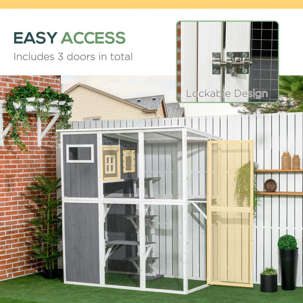 PawHut Walk-in Catio Outdoor Cat Enclosure Large for Multiple Cats of Any Size, 7 Jumping Platforms & Divided Den, Gray D32-016V00CG