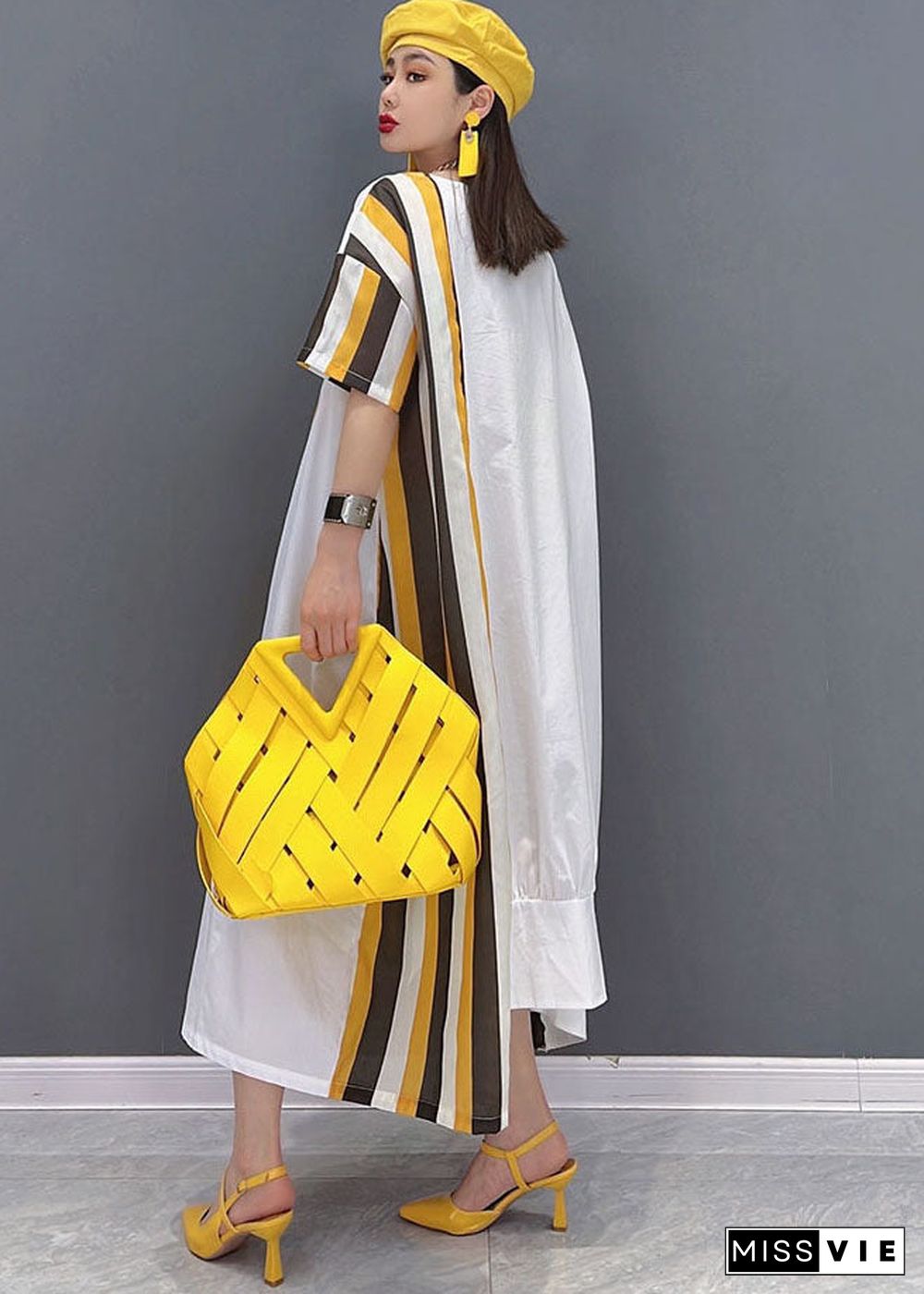 Chic Yellow Asymmetrical Striped Print Patchwork Cotton Maxi Dresses Short Sleeve