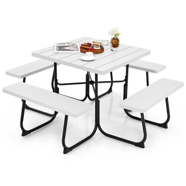 Outdoor Picnic Table with 4 Benches and Umbrella Hole