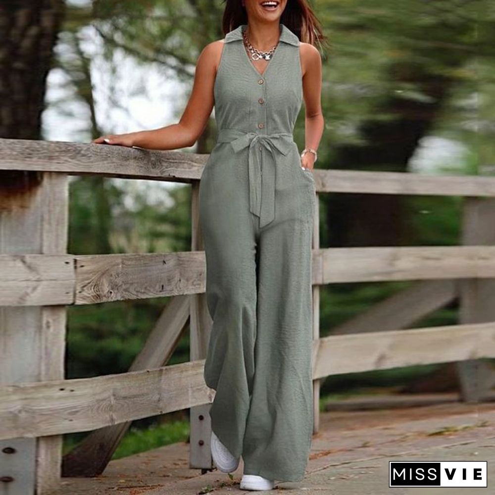 Green Plain Side Pocket Sleeveless Jumpsuit