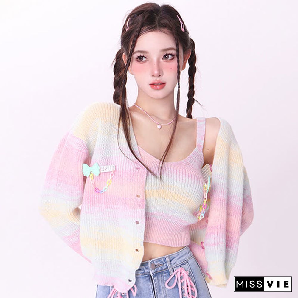 Rainbow Bowknot Decor Knitted Cami Top Cardigan Sweater