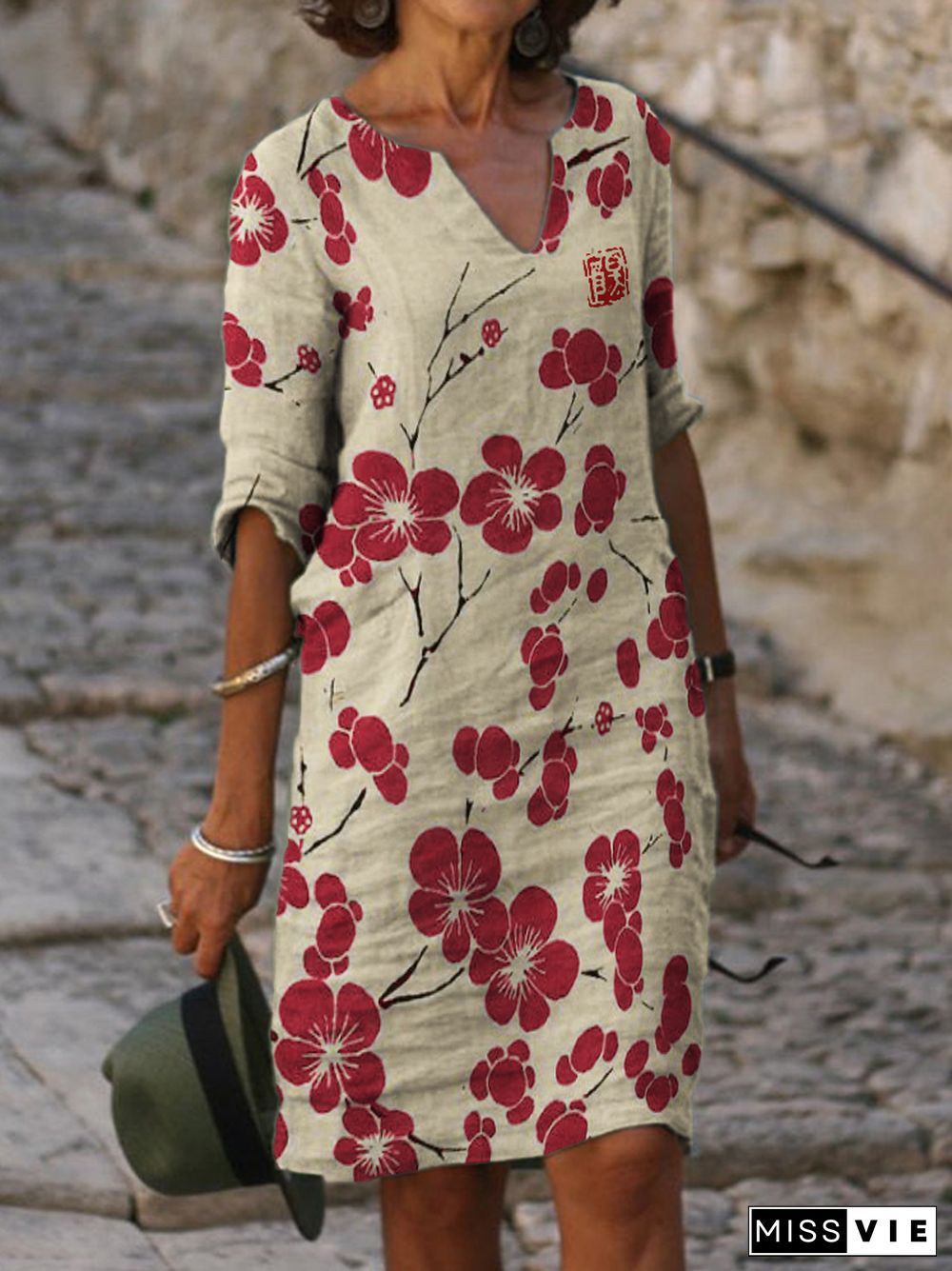 Cherry Blossom Japanese Lino Notch Neck Midi Dress