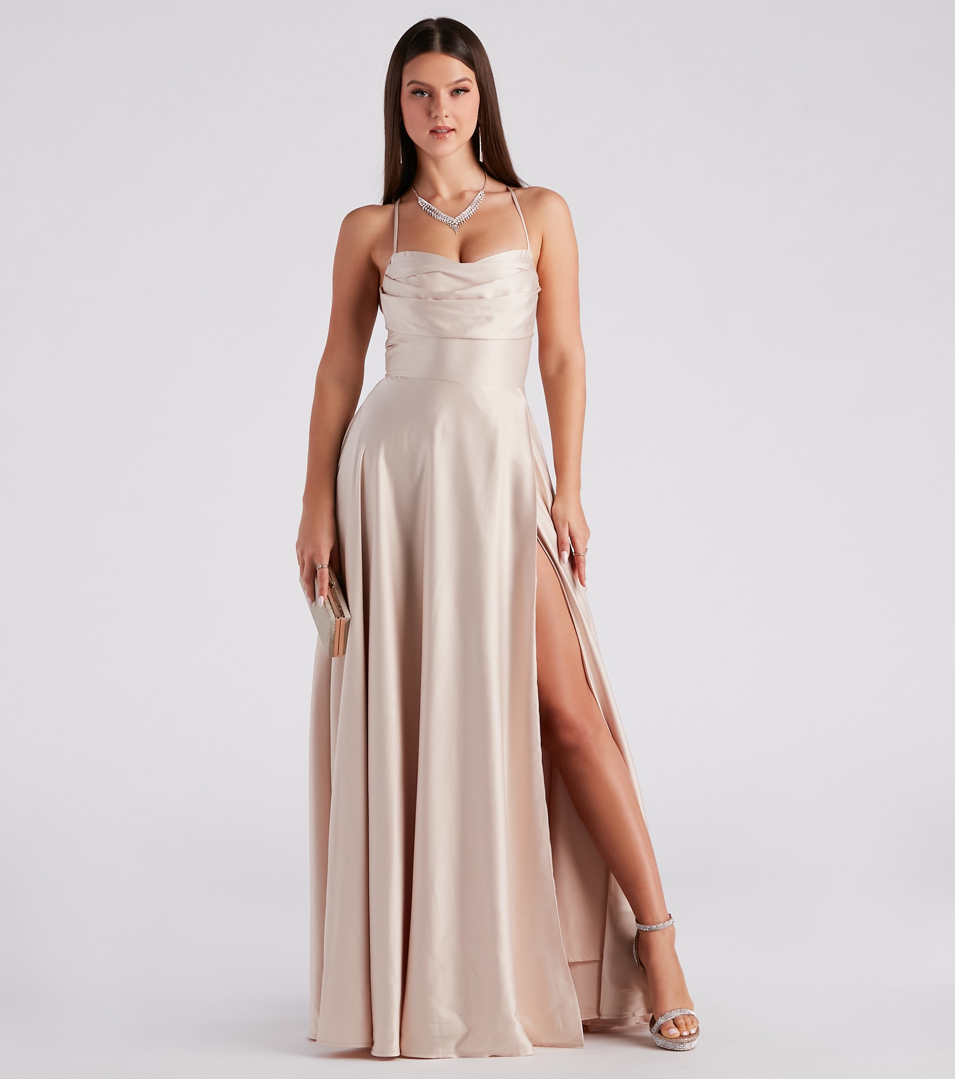 Elaina Formal Satin Cowl A-Line Dress