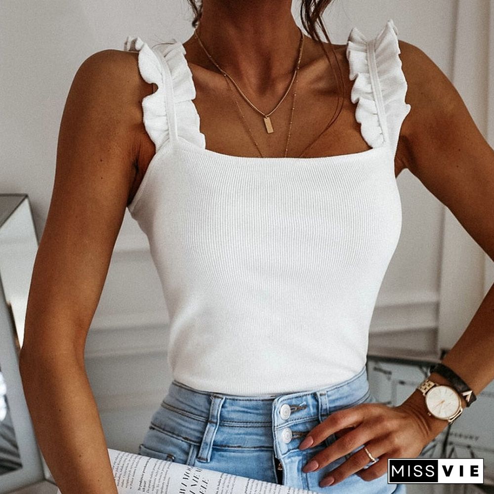 Tank Tops Women Square Collar Solid Knit Casual Basic Summer Ribbed Slim Ruffles Tops Women