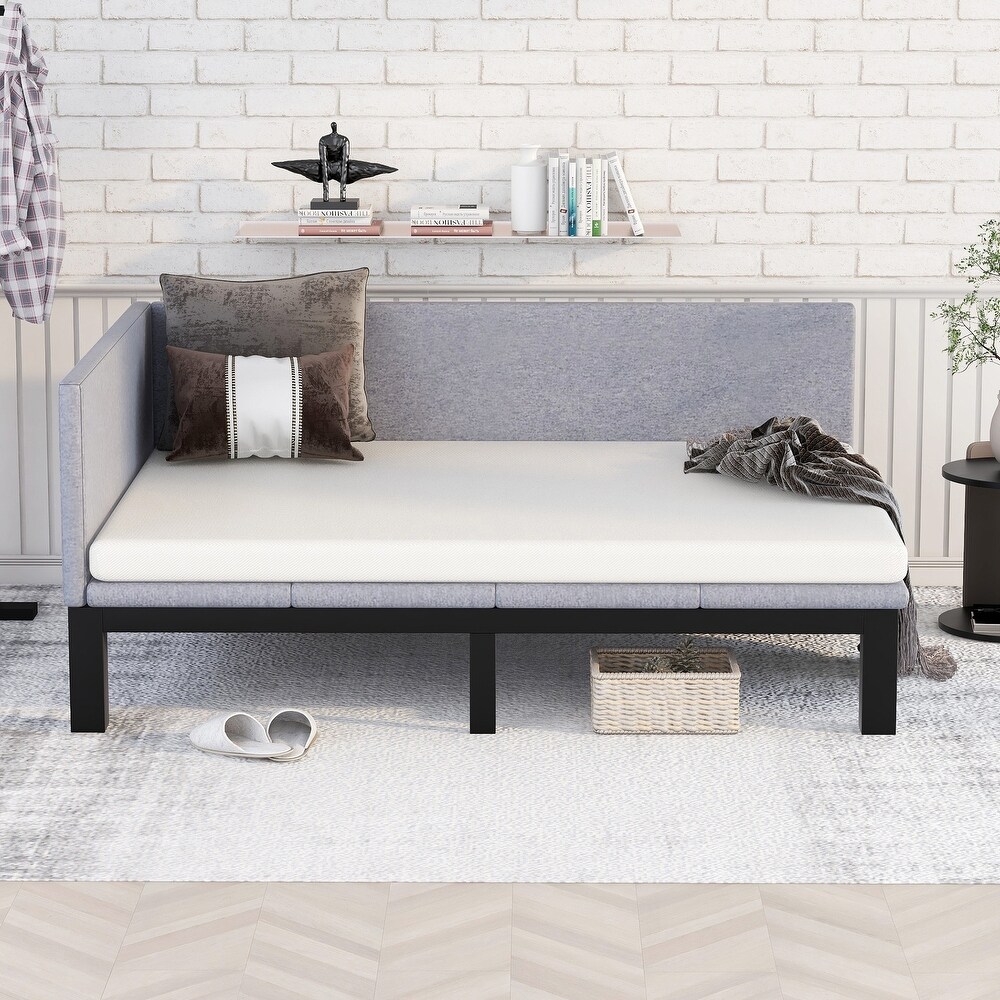 Full Linen Upholstered Daybed Single Sofa Bed  Three Dimensional Geometric Space Design Daybed for Single Apartment  Grey