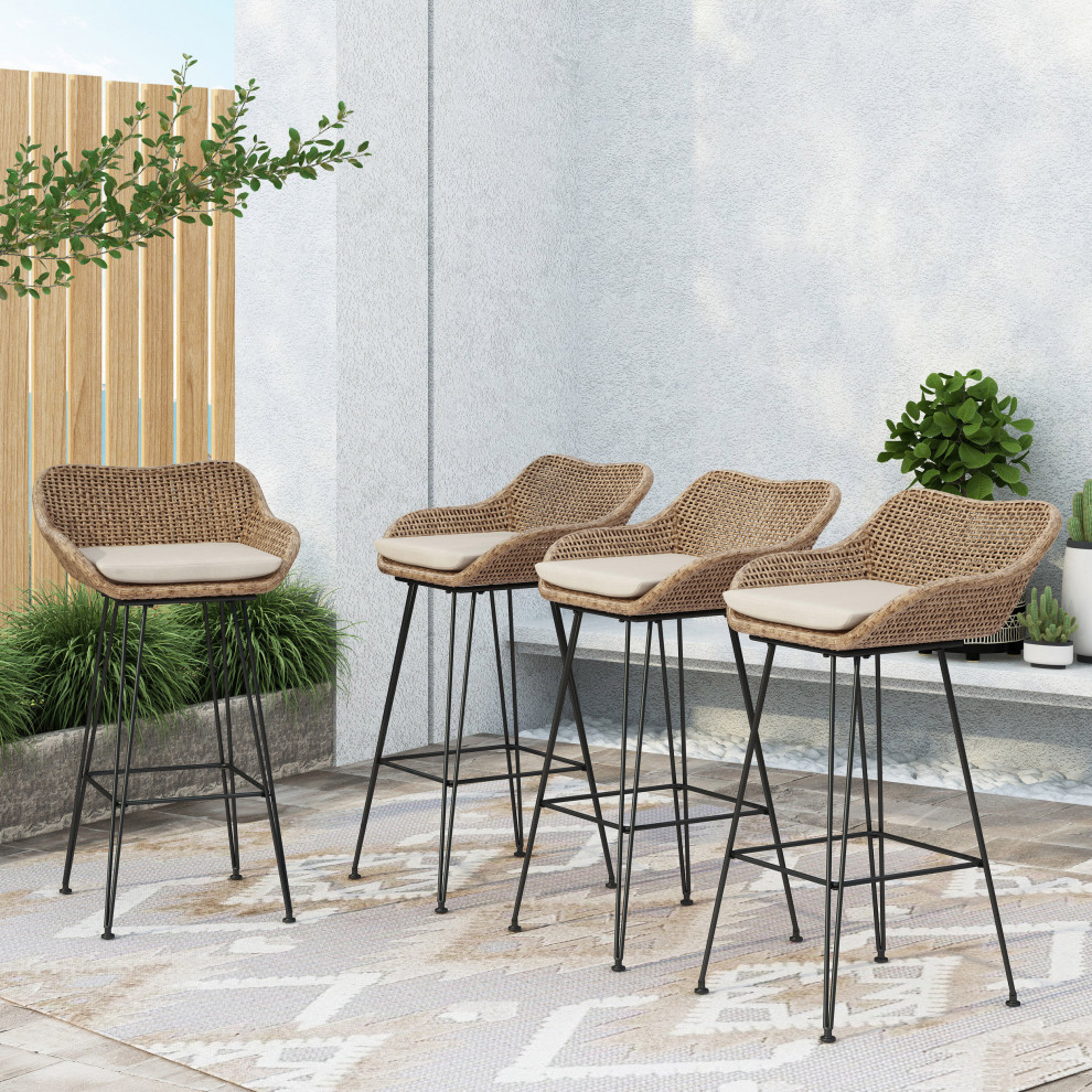 Pondway Outdoor Wicker/Iron Barstools  Set of 4   Tropical   Outdoor Bar Stools And Counter Stools   by GDFStudio  Houzz