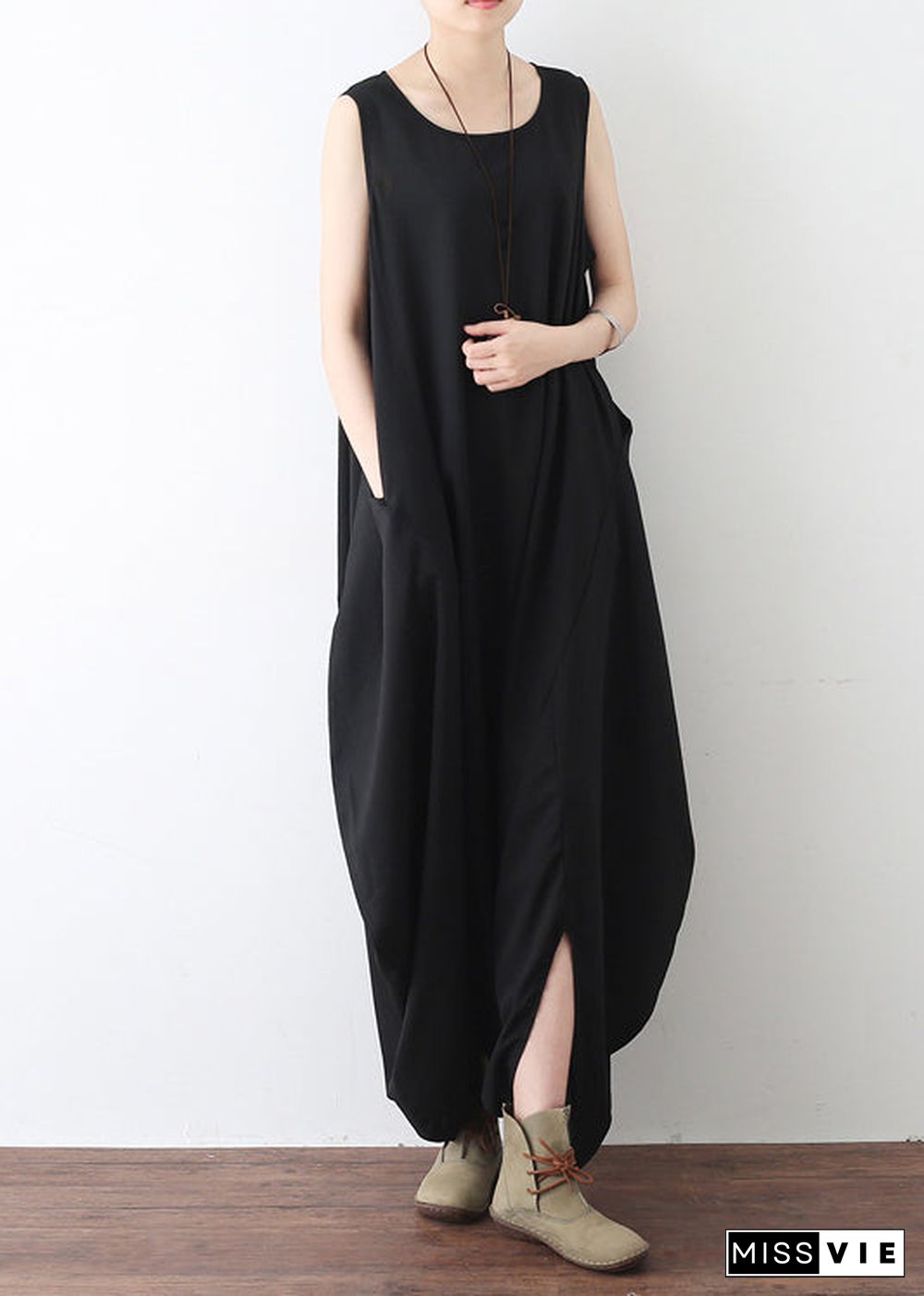 Bohemian Black O-Neck Zip Up Draping Pocket Chiffon Jumpsuit Sleeveless