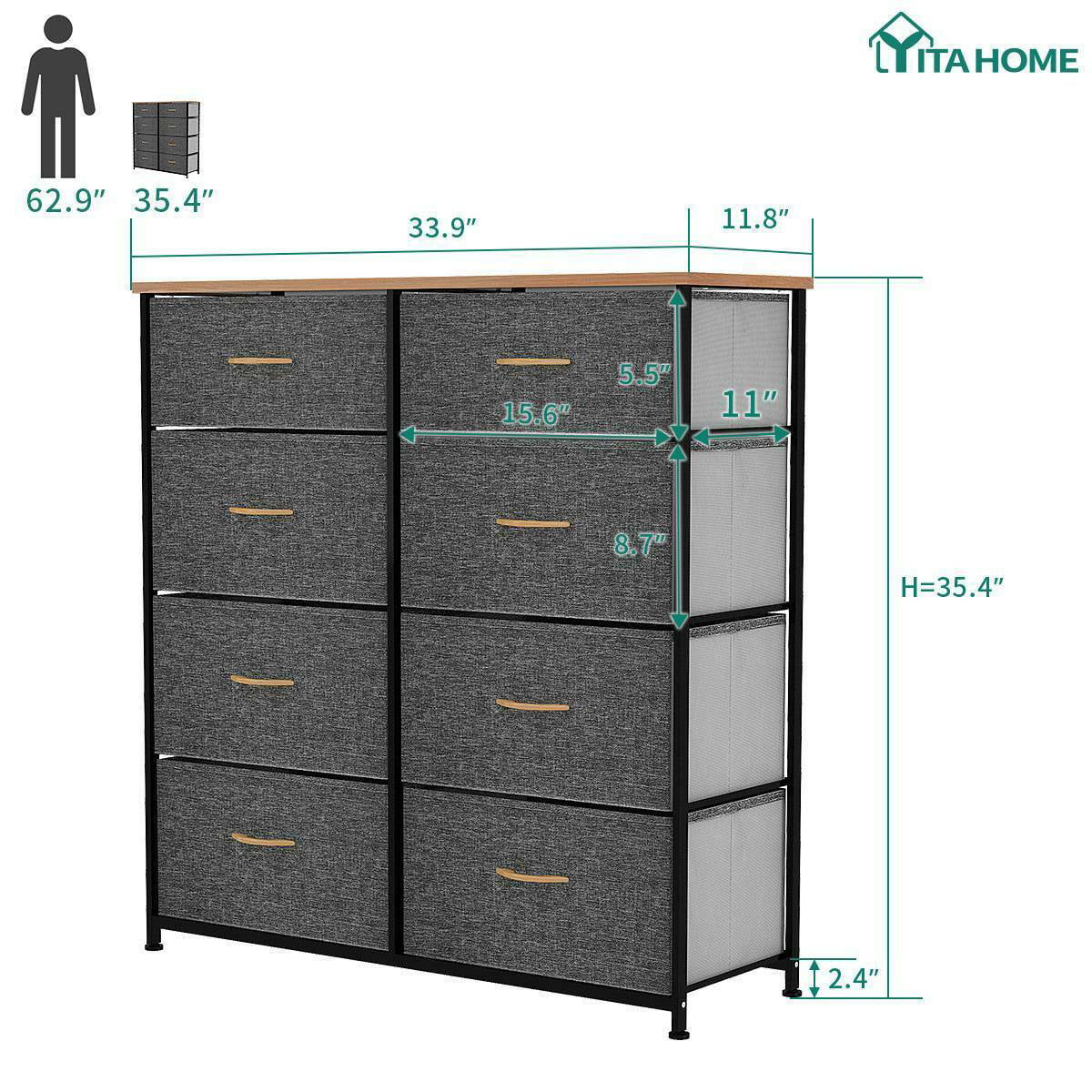 YITAHOME 8 Drawer Fabric Dresser for Closets, Bedrooms, Dorm Rooms, Bathrooms, Cool Gray