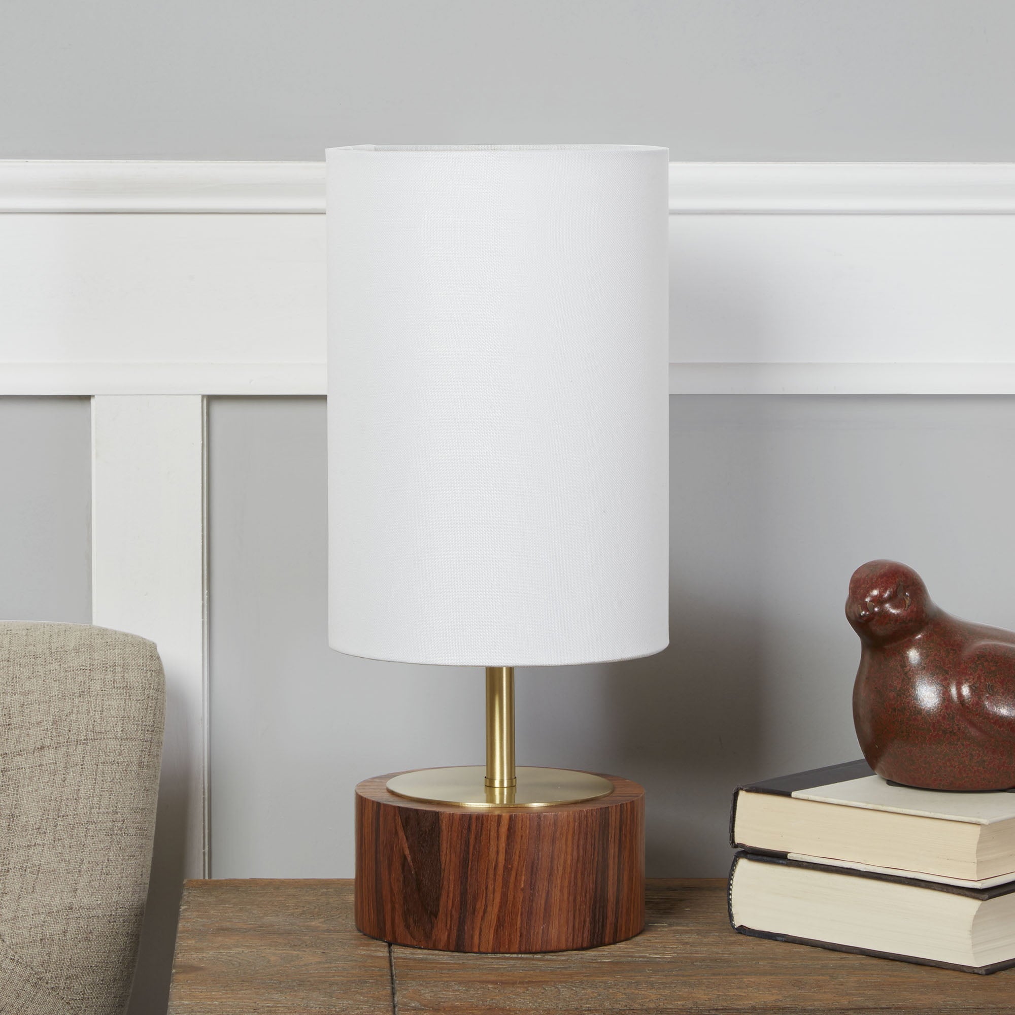 Better Homes & Gardens Woodgrain Touch Table Lamp, Walnut Color Base and Brushed Brass Finish