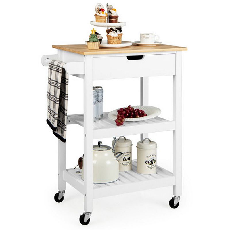 3-Tier Kitchen Island Cart Rolling Service Trolley with Bamboo Top