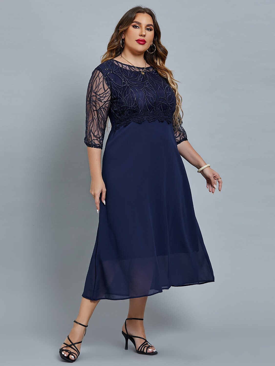 Women's Plus Size Curve Party Dress Floral Crew Neck Print 3/4 Length Sleeve Fall Spring Elegant Prom Dress Maxi long Dress Formal Party Dress / Mesh