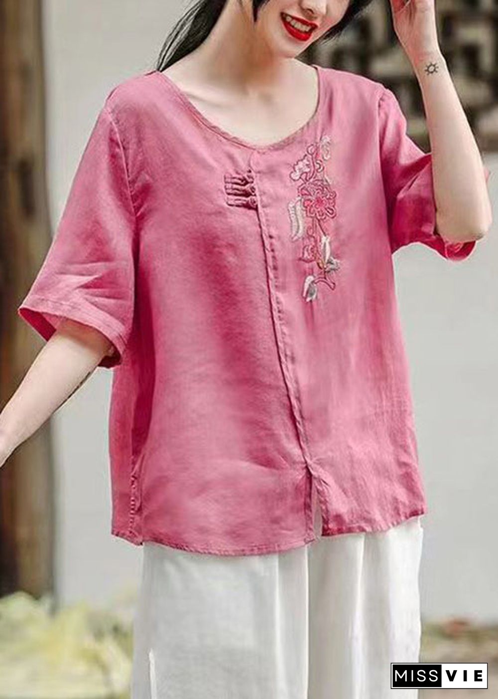 Women Rose O-Neck Side Open Patchwork Cotton T Shirt Summer