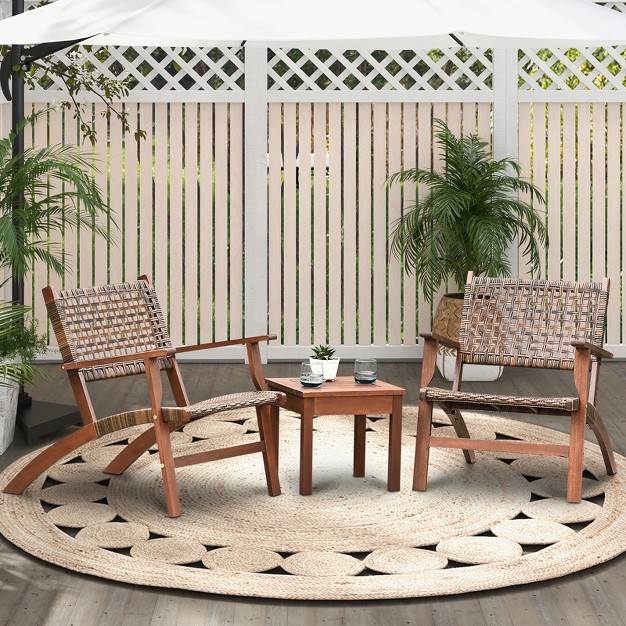 Tangkula 3 Pieces Outdoor Eucalyptus Wood Bistro Set Modern Hand woven Pe Wicker Conversation Set