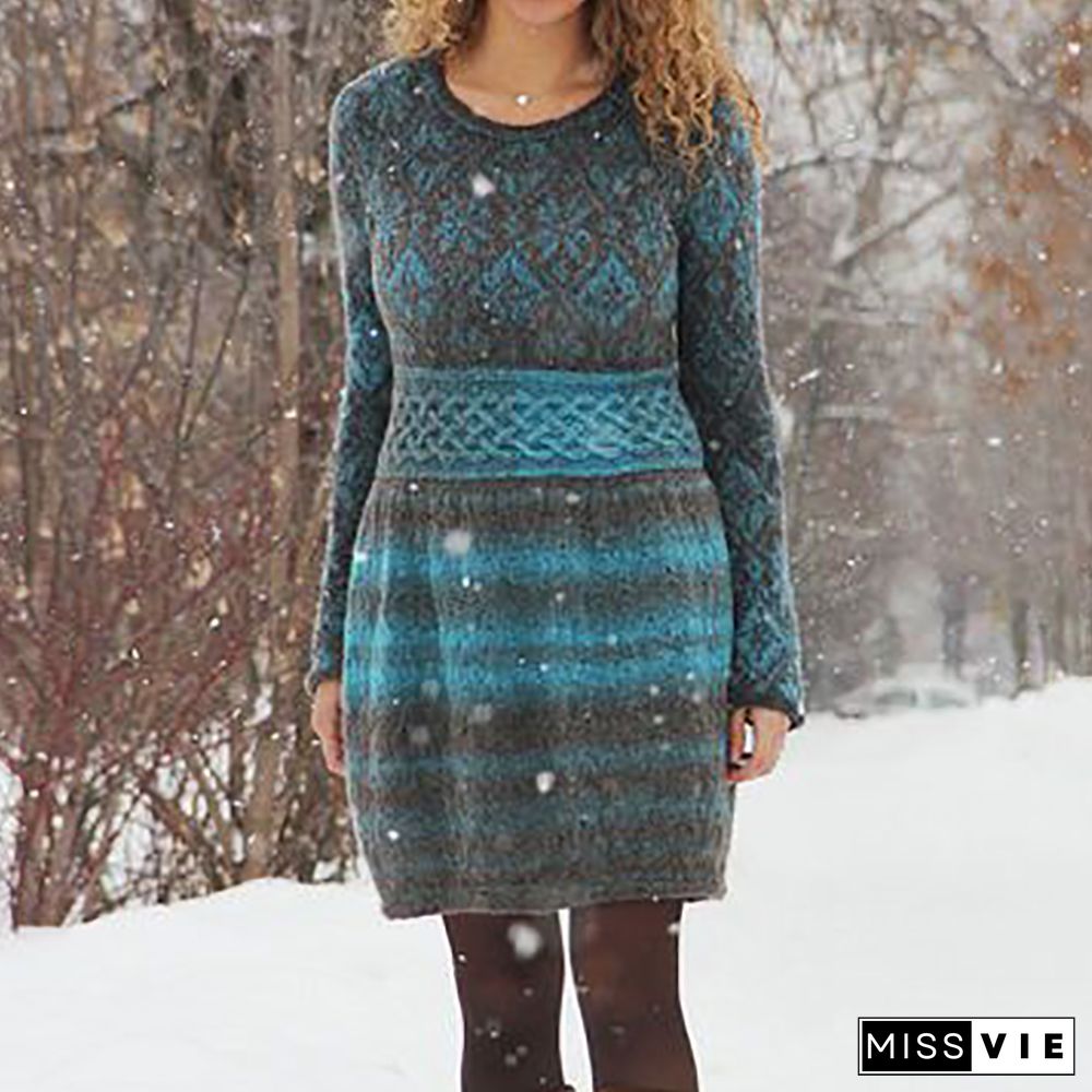 Casual Contrast Printed Knit Midi Dress