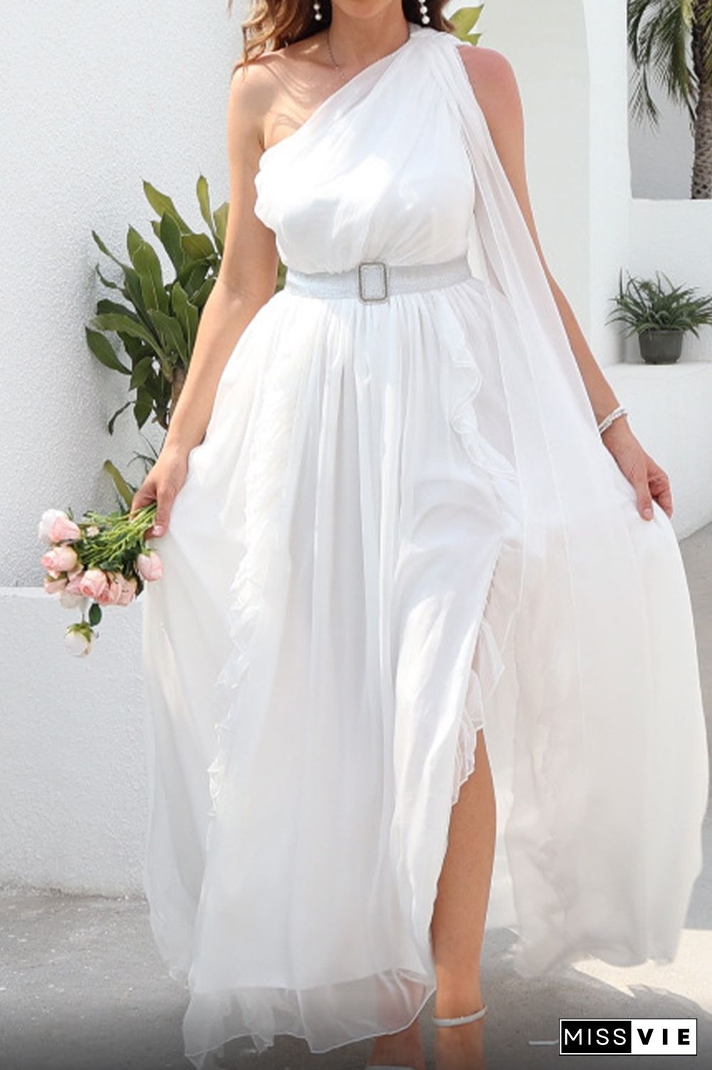 White One Shoulder Sleeveless Split Prom Dress