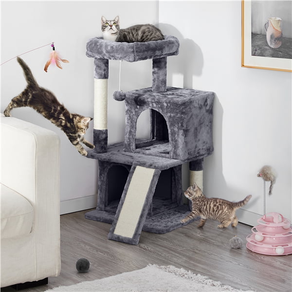 Topeakmart 36'' H Cat Tree Tower with Double Condos Scratching Posts， Dark Gray