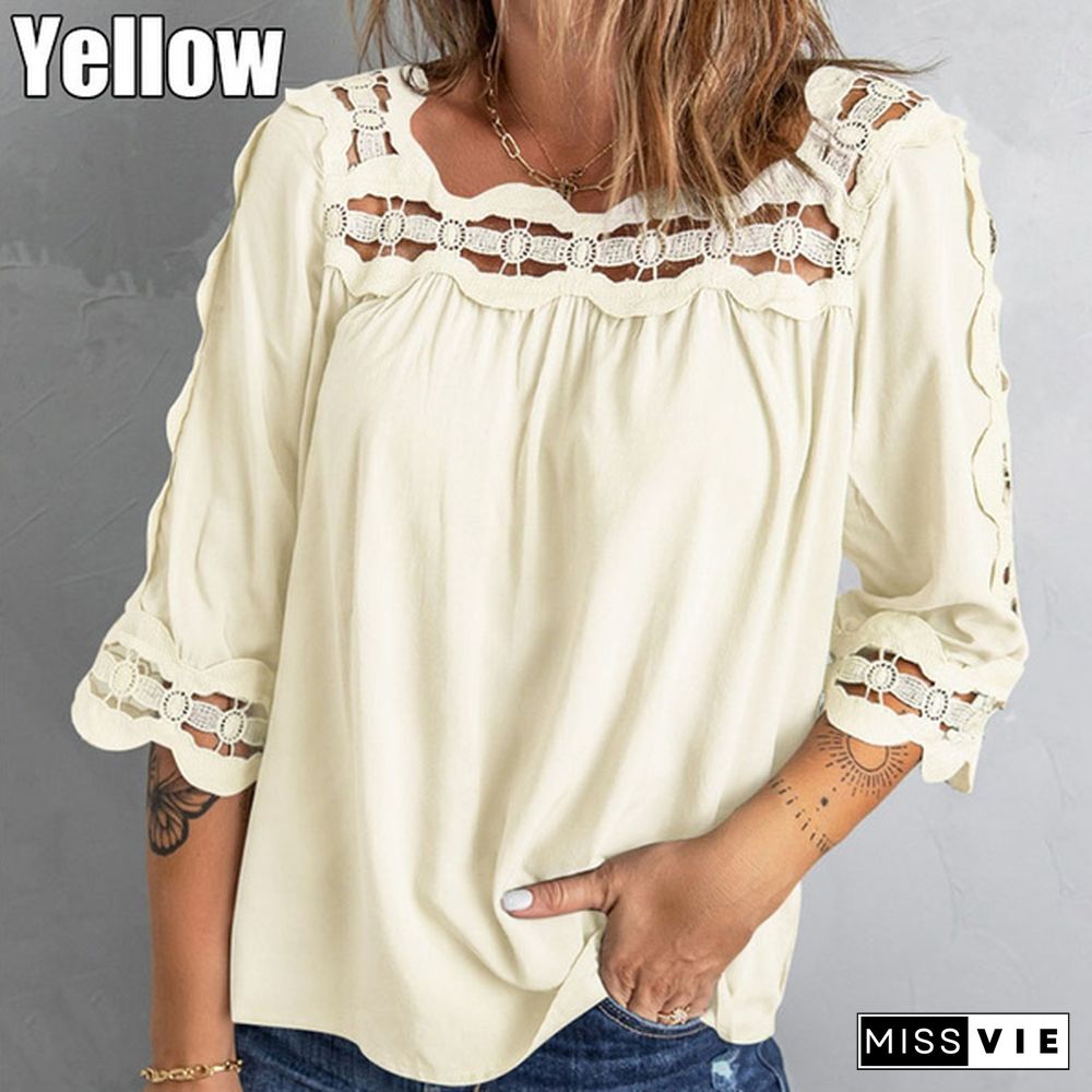 Spring and Summer Women's Stitching Lace Loose Top Casual Mid-sleeve T-shirt