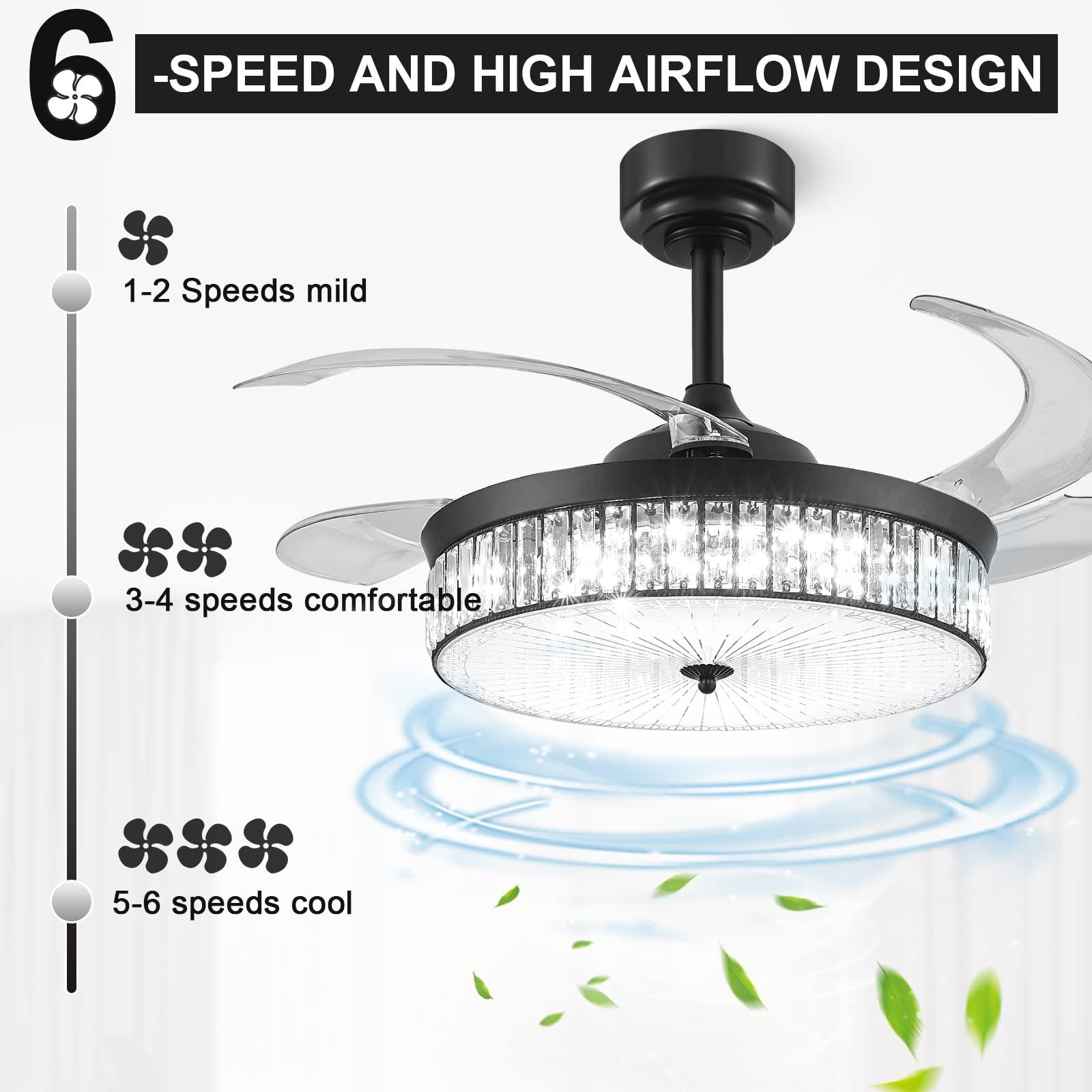 KAPOEFAN 42 inch Retractable Chandelier Ceiling Fan with Lights and Remote,Fandelier Crystal Fan with Retractable Blades Memory Dimmable LED