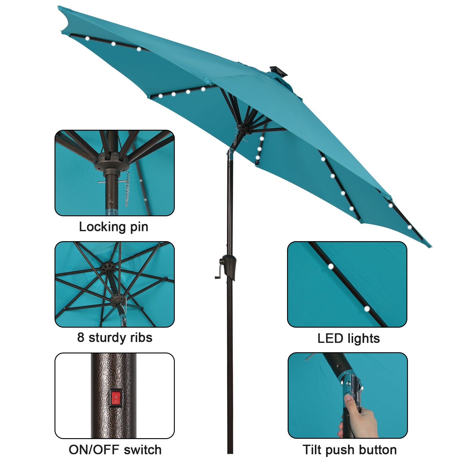 COBANA 9’ Solar Patio Umbrella with 32 LED Lights, Outdoor Table Market Umbrella with Tilt and Crank, Blue