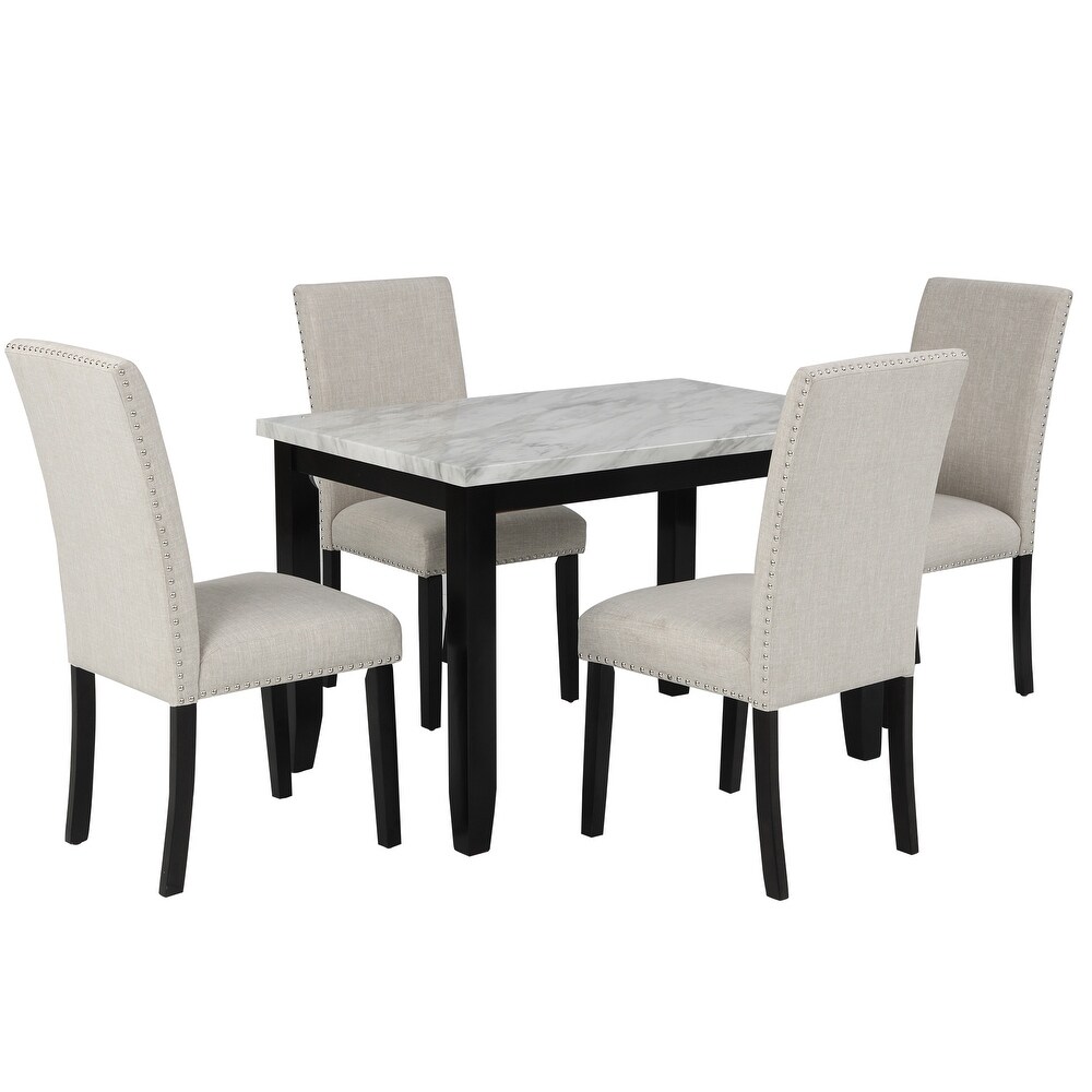 Faux Marble 5 Piece Dining Set Table with 4 Cushion Dining Chairs