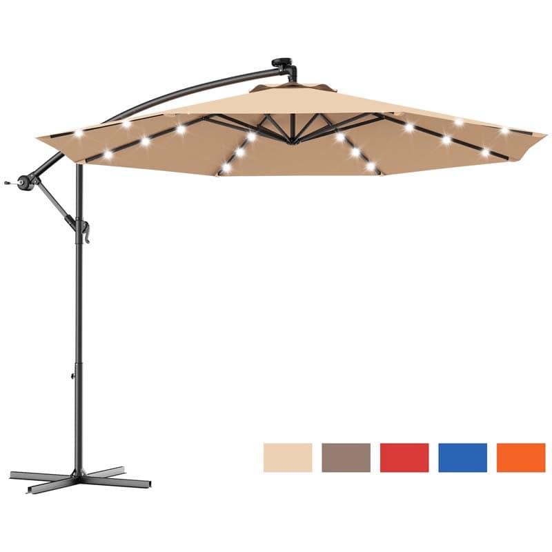 10 FT Offset Patio Umbrella with Solar LED Lights & Cross Base, Large Outdoor Cantilever Umbrella for Sun Rain