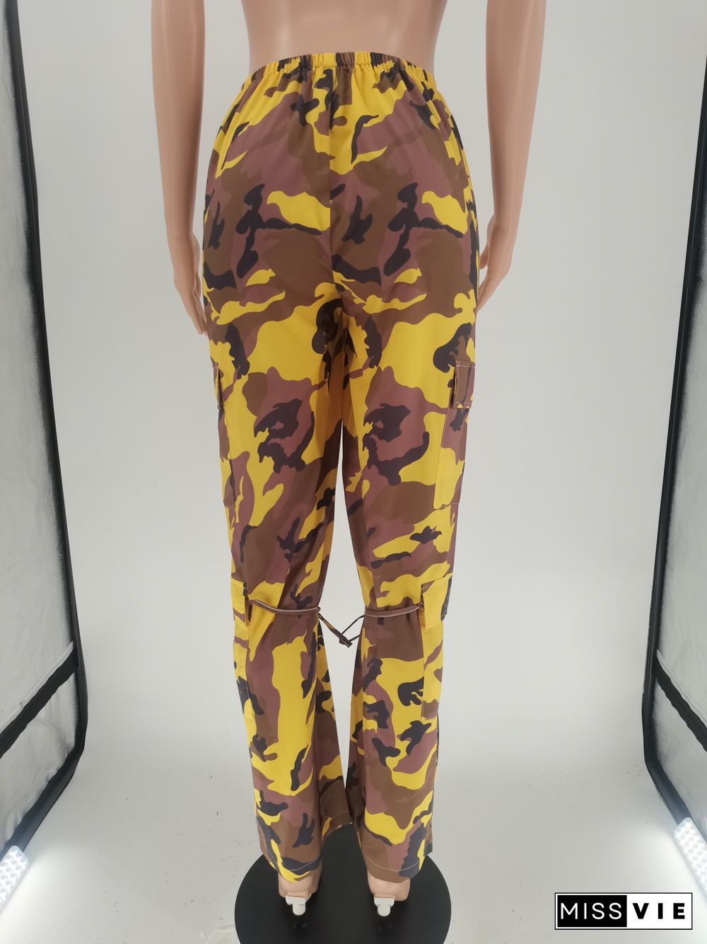 Y2K Streetwear Camo Print Bandage Straight Pants