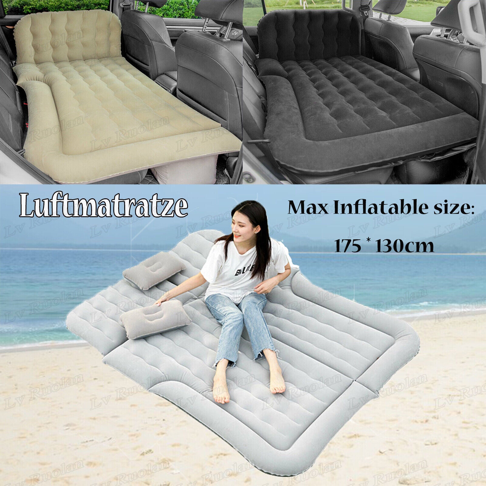 SHZICMY Car Inflatable Air Bed Travel Mattress Seat Sleep Cushion Mat Pillow Pump Camp Gray