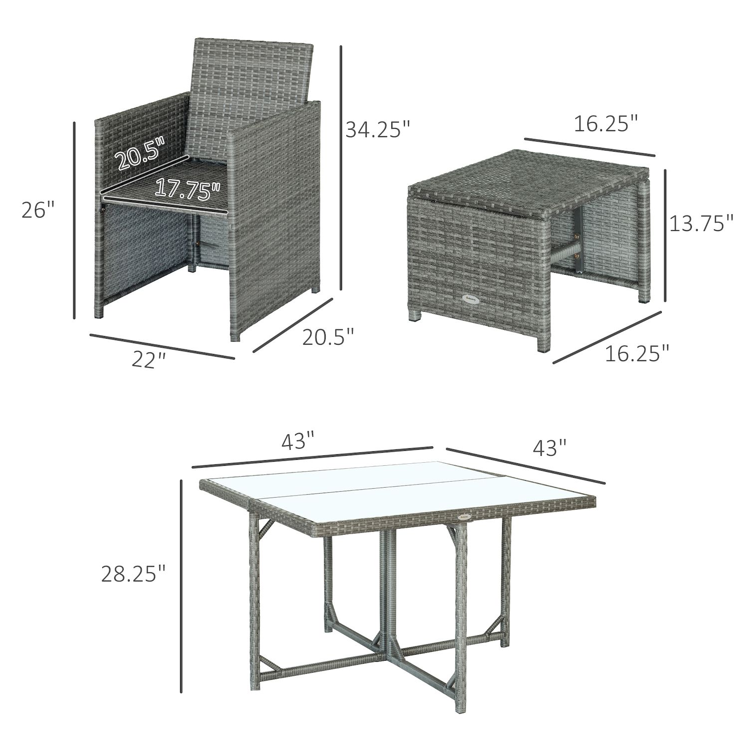 Outsunny 9-Piece Outdoor PE Rattan Wicker Patio Dining Set， Cushions， 4 Armchairs， 2 Easy-Store Ottoman Footrests， 1 Tempered Glass Center Coffee Table， Dark Grey