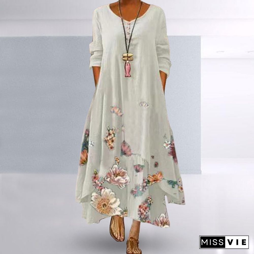 Women Casual Floral Print Long Sleeve Round Neck Double Layer Maxi Dresses Floral Casual Ethnic Style Loose Long Dress