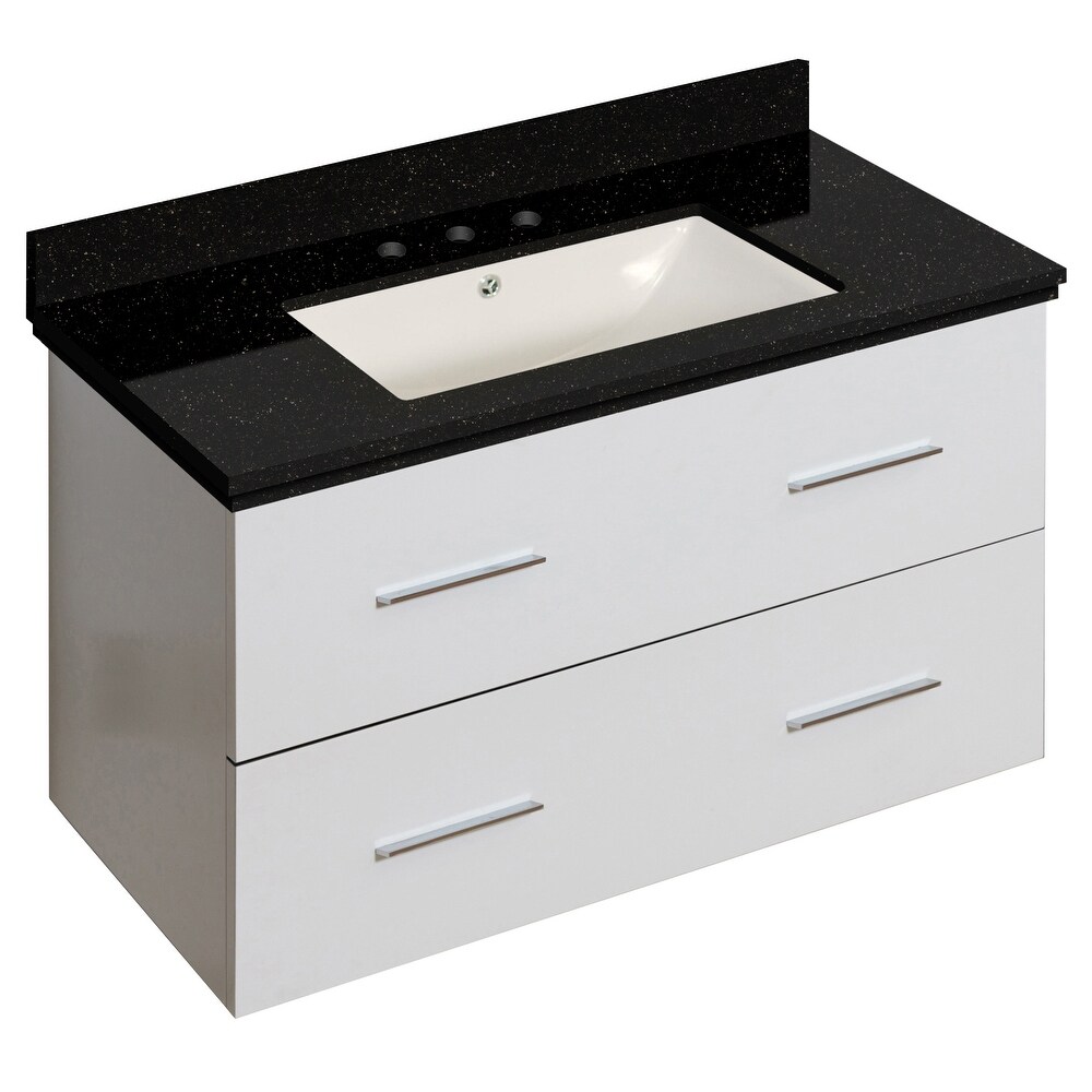 36 in. W Wall Mount White Vanity Set For 3H8 in. Drilling Black Galaxy Top Biscuit UM Sink