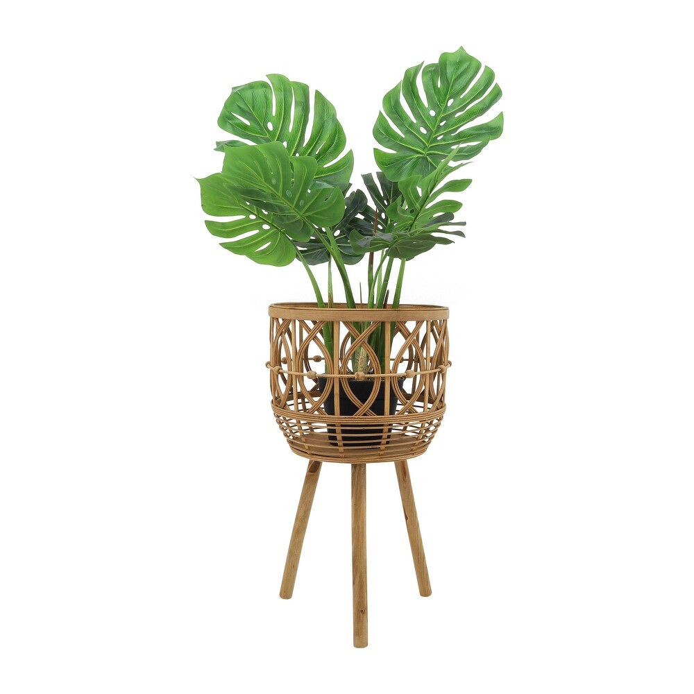 Natural Bamboo Handwoven Planters on Wood Tripod (Set of 3)