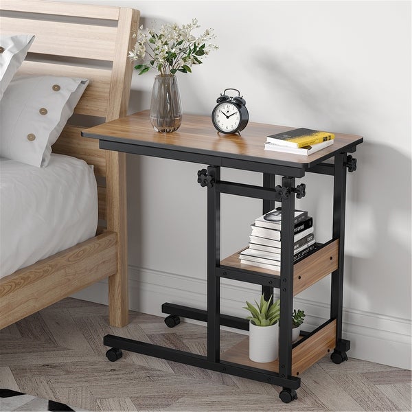 Height Adjustable C Table， Sofa Side Tables， Mobile End Table with Storage Shelves