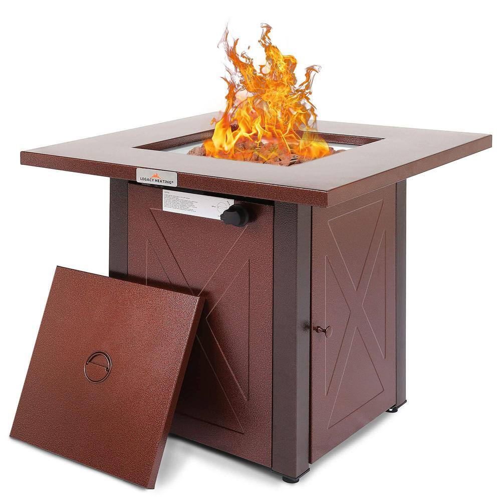 28 in. Burgundy Metal Outdoor Fire Pit Table with Lid and Lava Rock LWM-W16238JH