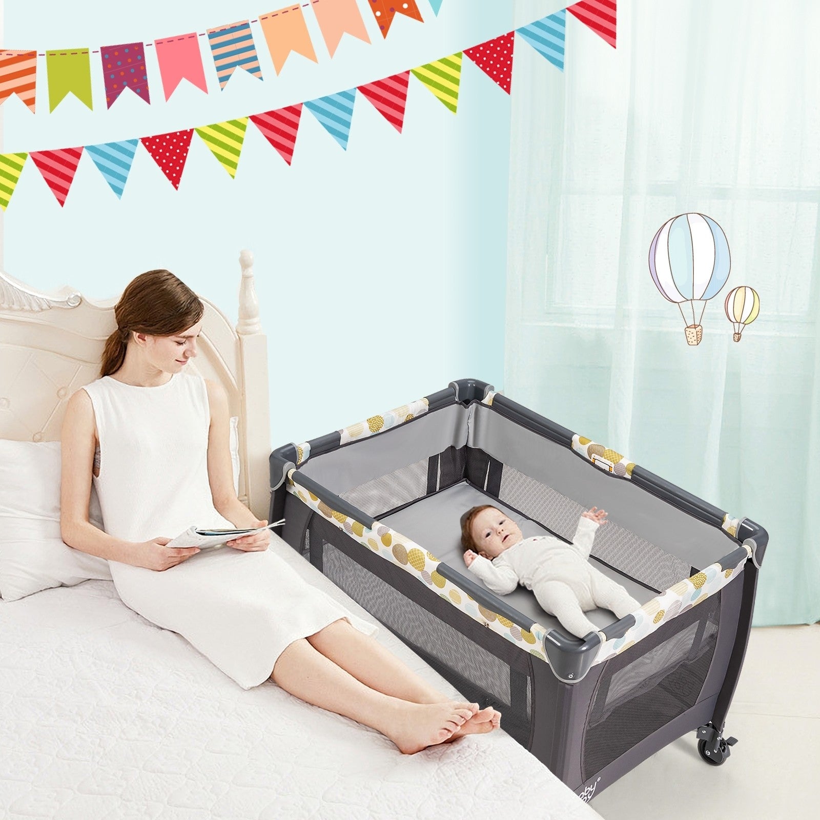 BABY JOY Nursery Center, 4-in-1 Portable Pack and Play w/ Cradle & Diaper Changing Table