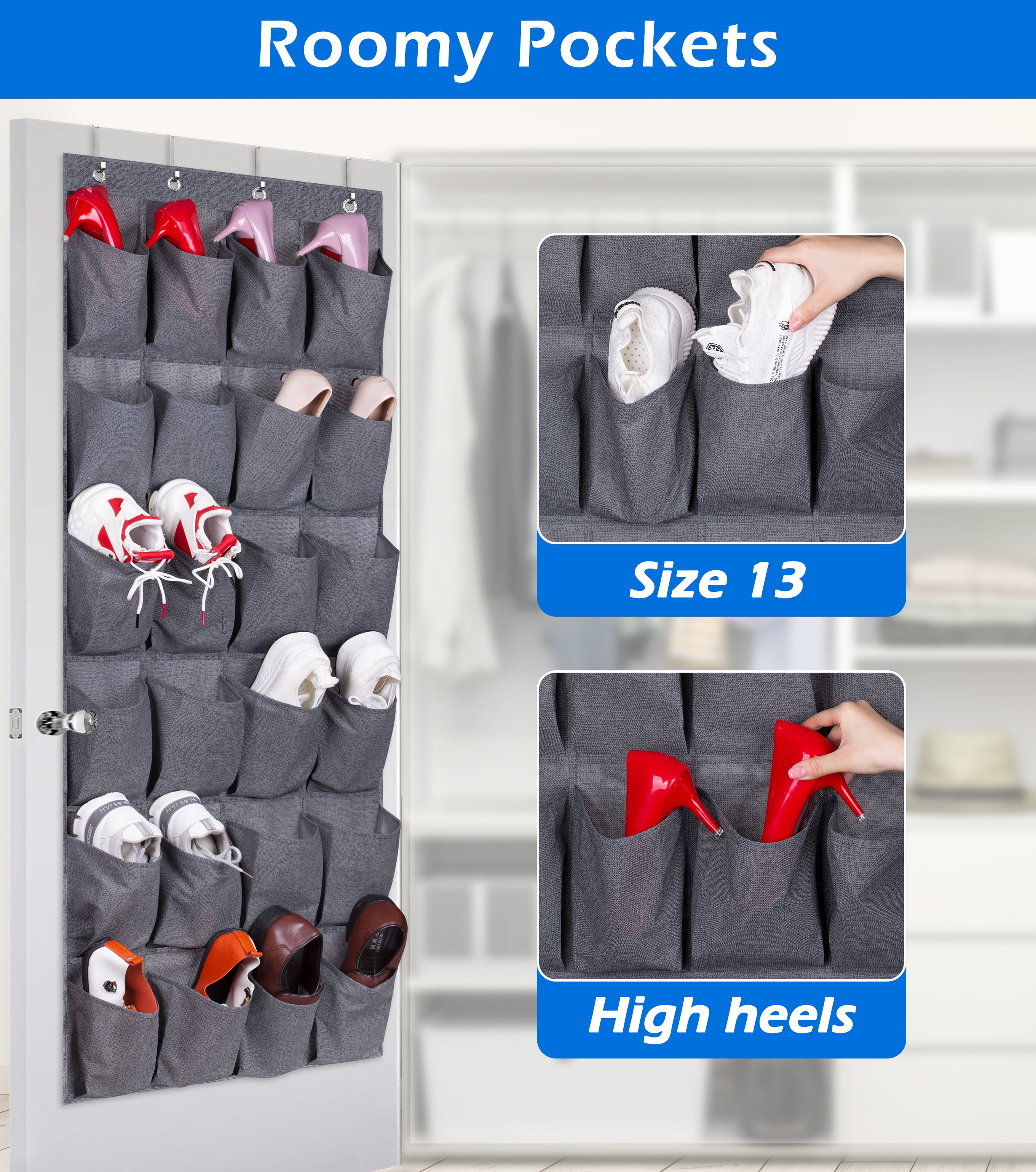 MISSLO 24 Fabric Pockets Shoe Organizer Over the Door Storage Large Hanging Shoe Rack for Closet Men Shoes Holder， Gray