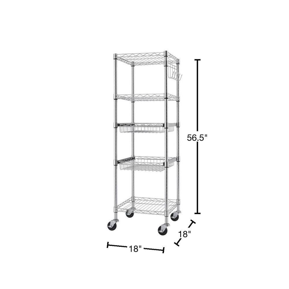 TRINITY EcoStorage Chrome Rolling 5-Tier Steel Wire Shelving Unit (18 in. W x 57 in. H x 18 in. D) TBFZ-0956